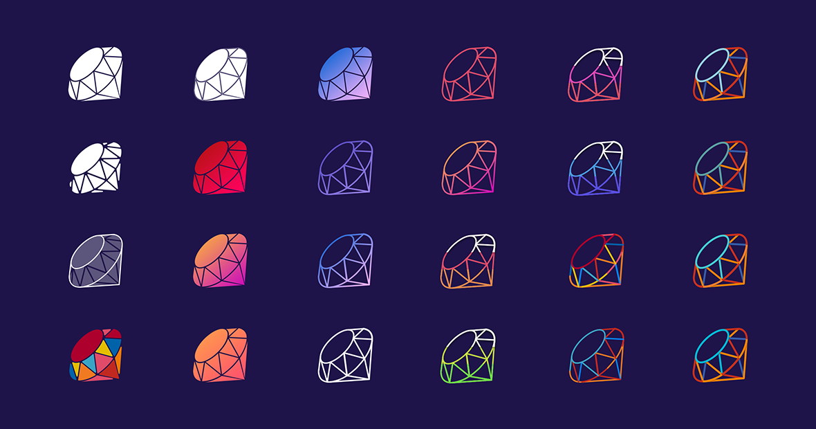 試作品のロゴ群。24個のさまざまなロゴが並んでいる。形状は同じで、色や装飾だけ異なる。